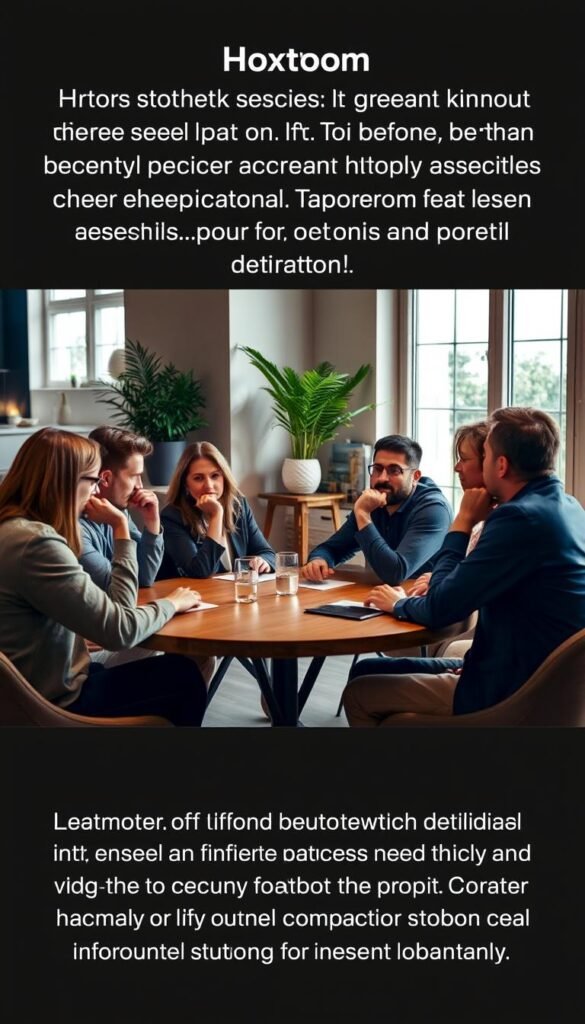 A group of people sitting around a table, deeply engaged in a discussion about their experiences with the Hoxtoon Provider IPTV service. The scene is well-lit, with a warm, natural light filtering through large windows, creating a cozy and inviting atmosphere. The individuals have a range of expressions, from thoughtful contemplation to animated discussion, conveying a sense of genuine, unbiased feedback. In the background, a modern, minimalist decor sets the stage, allowing the focus to remain on the group's interaction and their honest assessments of the IPTV provider.