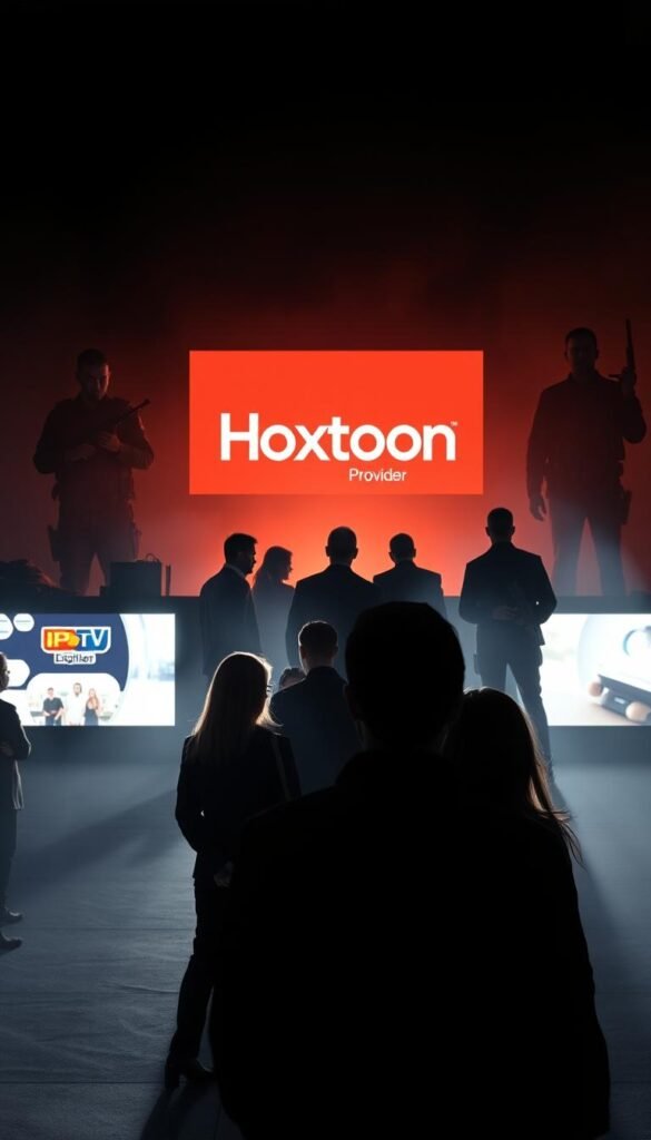 A high-contrast, cinematic image depicting legal and illegal IPTV services in Spain. In the foreground, a Hoxtoon Provider logo shines brightly, representing a legitimate IPTV platform. In the middle ground, a group of customers reviews their IPTV options, some intrigued by the Hoxtoon service, others considering shadier alternatives. In the hazy background, law enforcement officers monitor the scene, symbolizing the legal oversight of the IPTV industry. Dramatic lighting casts dramatic shadows, conveying the serious, high-stakes nature of navigating the legal landscape of IPTV in Spain.