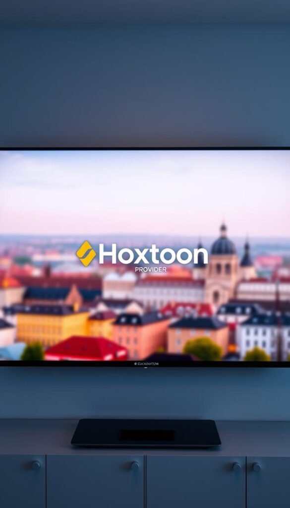A high-definition IPTV screen displaying the Hoxtoon Provider logo prominently in the center. The interface showcases a sleek, minimalist design with crisp, vibrant colors. The background features a blurred cityscape of Belgium, hinting at the service's focus on local content. Soft, directional lighting creates depth and highlights the screen's sophisticated aesthetics. The overall atmosphere conveys a sense of technology, reliability, and a premium viewing experience tailored for Belgian audiences.