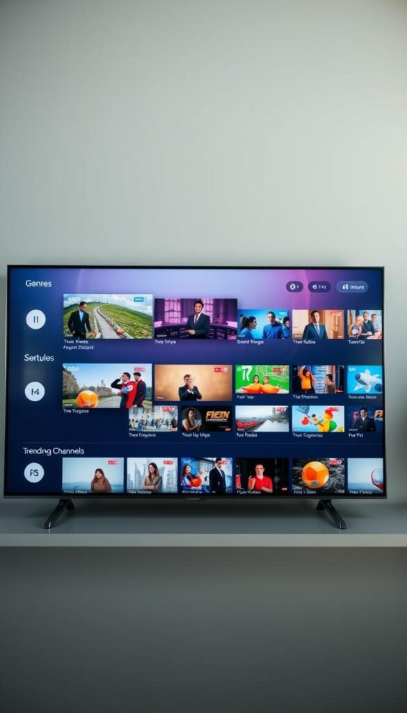 A high-definition iptv channels display, showcasing a diverse array of live TV options from the Hoxtoon Provider service. The screen is sleek and modern, with a clean user interface highlighting various genre categories and trending channels. The foreground features several 16:9 ratio video thumbnails, each displaying vibrant, crisp footage of different programs. The middle ground contains a subtle grid layout, organizing the channels in a visually appealing manner. In the background, a soft, gradient-based color scheme sets a calm, professional tone, complementing the overall premium feel of the Hoxtoon Provider platform. Crisp lighting and a shallow depth of field create a polished, cinematic aesthetic.