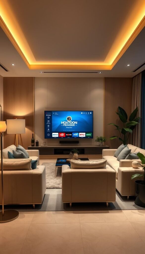 A high-end living room with sleek modern furniture, a large flatscreen TV displaying the Hoxtoon Provider logo, and a premium IPTV service interface showcasing a wide selection of premium channels. Soft ambient lighting from floor lamps and recessed ceiling fixtures creates a cozy, sophisticated atmosphere. The room is stylishly decorated with minimalist art pieces and lush indoor plants, conveying a sense of luxury and exclusivity. The overall scene suggests a premium, multi-device IPTV subscription plan offering a premium viewing experience.