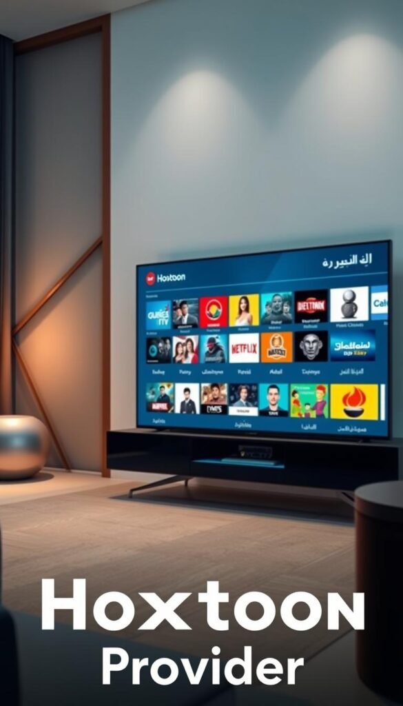A high-quality Arabic IPTV service displayed on a modern smart TV, showcasing a diverse selection of premium channels. The TV screen is set against a sleek, minimalist living room backdrop, with subtle lighting and clean lines creating a sophisticated atmosphere. In the foreground, the Hoxtoon Provider logo is prominently featured, highlighting the reliable and premium quality of the IPTV service. The overall scene conveys a sense of luxury, technology, and the seamless integration of digital entertainment into the home environment.