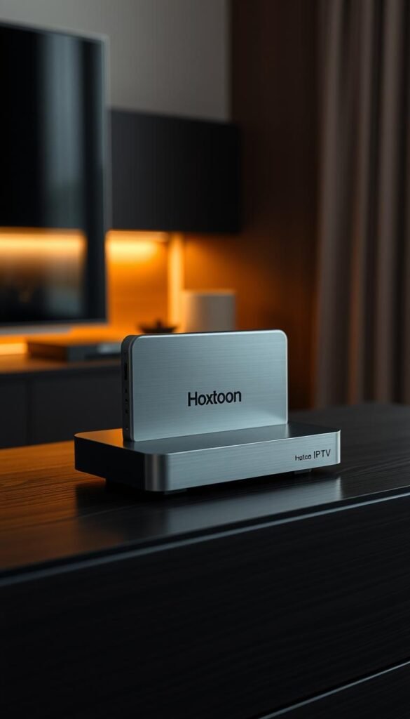 A high-quality IPTV box by Hoxtoon Provider, standing prominently on a dark wooden surface. The box has a sleek, modern design with clean lines and a brushed metal finish. Soft, warm lighting illuminates the device, creating a cozy, inviting atmosphere. The scene is captured from a slightly elevated angle, allowing the box to be the focal point, surrounded by a minimalist, clutter-free environment. The image conveys a sense of reliability, efficiency, and the premium quality of the Hoxtoon Provider IPTV solution.