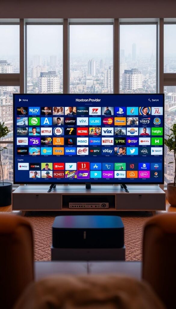 A high-quality IPTV service with an extensive channel selection, showcasing the Hoxtoon Provider brand. A sleek, modern television set dominates the foreground, displaying a vibrant, diverse array of channels across its screen. The middle ground features a stylish, minimalist entertainment console, housing the Hoxtoon Provider's state-of-the-art streaming hardware. The background is a warm, inviting living room setting, with large windows allowing natural light to flood the space, creating a sense of openness and connectivity. The overall mood is one of sophistication, technology, and the seamless integration of entertainment into the modern home.
