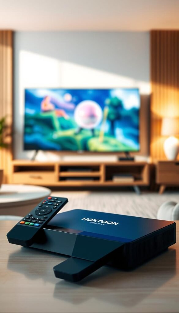 A high-quality IPTV setup featuring the Hoxtoon Provider brand. In the foreground, a sleek black set-top box and remote control are prominently displayed, casting warm, soft lighting across the scene. In the middle ground, a modern flat-screen TV displays a crisp, vivid image, hinting at the premium video quality offered by the Hoxtoon service. The background showcases a minimalist, Scandinavian-inspired living room, with natural wooden accents and clean lines creating a sense of elegance and sophistication. The overall mood is one of high-end technology seamlessly integrated into a stylish, comfortable domestic setting.