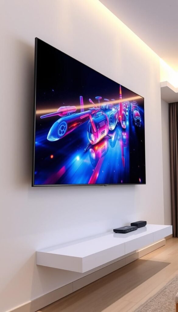 A high-quality IPTV stream from the Hoxtoon Provider, displayed on a sleek, modern television screen. The image showcases a vibrant, crystal-clear picture with rich colors and sharp details. The screen is situated in a well-lit, minimalist living room setting, with soft, directional lighting casting a warm glow on the scene. The television is mounted on a simple, floating shelf, creating a clean, uncluttered look. The overall mood is one of technological sophistication and visual clarity, reflecting the exceptional performance of the Hoxtoon IPTV service.