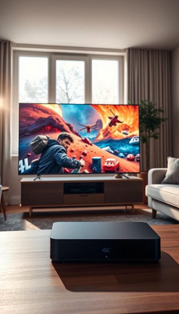 A high-quality IPTV streaming experience, showcased through a realistic scene. In the foreground, a 4K Ultra HD display showcases vibrant, crystal-clear imagery with no visible pixelation or compression artifacts. Subtle lens flare and warm lighting create a cinematic atmosphere. In the middle ground, a modern, minimalist media console houses the Hoxtoon Provider IPTV set-top box, its sleek design complementing the living space. The background depicts a cozy, well-appointed living room, with large windows allowing natural light to filter in, creating a sense of comfort and relaxation. The overall scene conveys the seamless, high-performance IPTV experience delivered by the Hoxtoon Provider.