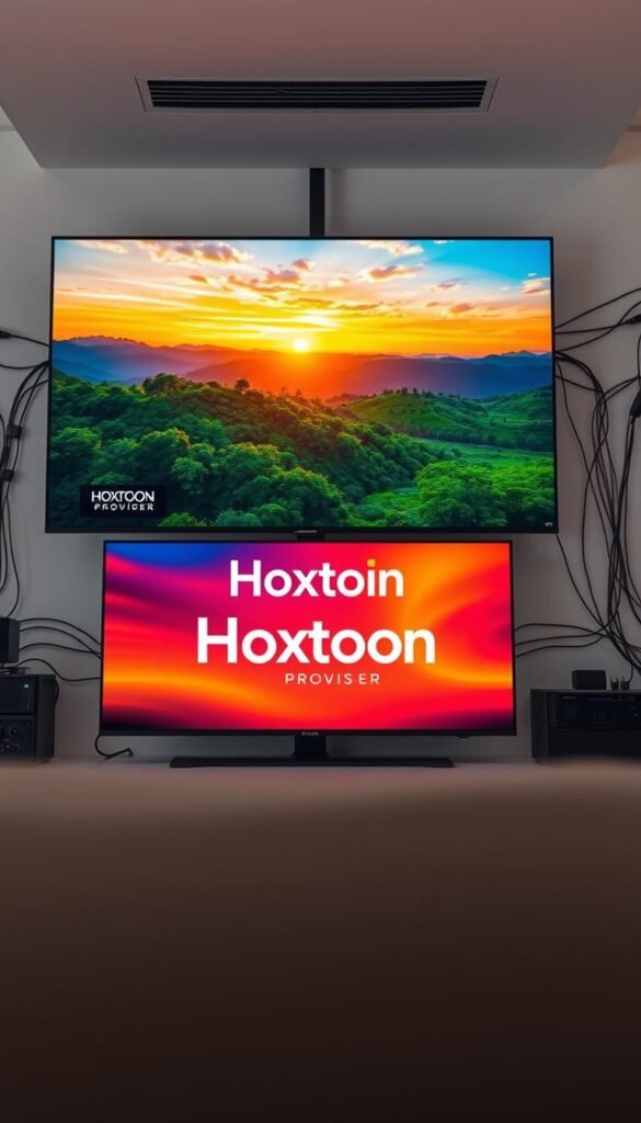 A high-quality IPTV streaming experience, showcasing crystal-clear video, vibrant colors, and seamless playback. In the foreground, a modern smart TV screen displays a vivid landscape with lush greenery and a picturesque sunset. The middle ground features the Hoxtoon Provider brand, prominently displayed with a sleek, minimalist design. In the background, a network of interconnected devices and servers symbolizes the robust infrastructure powering the IPTV service. Soft, diffused lighting creates a warm, immersive atmosphere, while the camera angle provides a balanced, professional perspective. The overall composition conveys the reliability, technical performance, and visual excellence of the Hoxtoon Provider IPTV streaming experience.