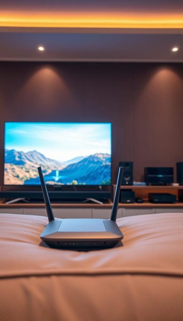 A high-quality IPTV streaming experience with the Hoxtoon Provider. In the foreground, a sleek, modern smart TV displays a vibrant, crystal-clear image with no visible compression artifacts or buffering. The middle ground features a wireless router emitting strong WiFi signals, ensuring a stable and reliable internet connection. In the background, a minimalist home entertainment setup with state-of-the-art audio equipment complements the visual experience. Warm, diffused lighting from hidden sources creates a cozy, immersive atmosphere, while the camera angle suggests a perspective from a comfortable viewing position. The overall scene conveys a sense of premium quality, technological sophistication, and seamless, enjoyable IPTV streaming.