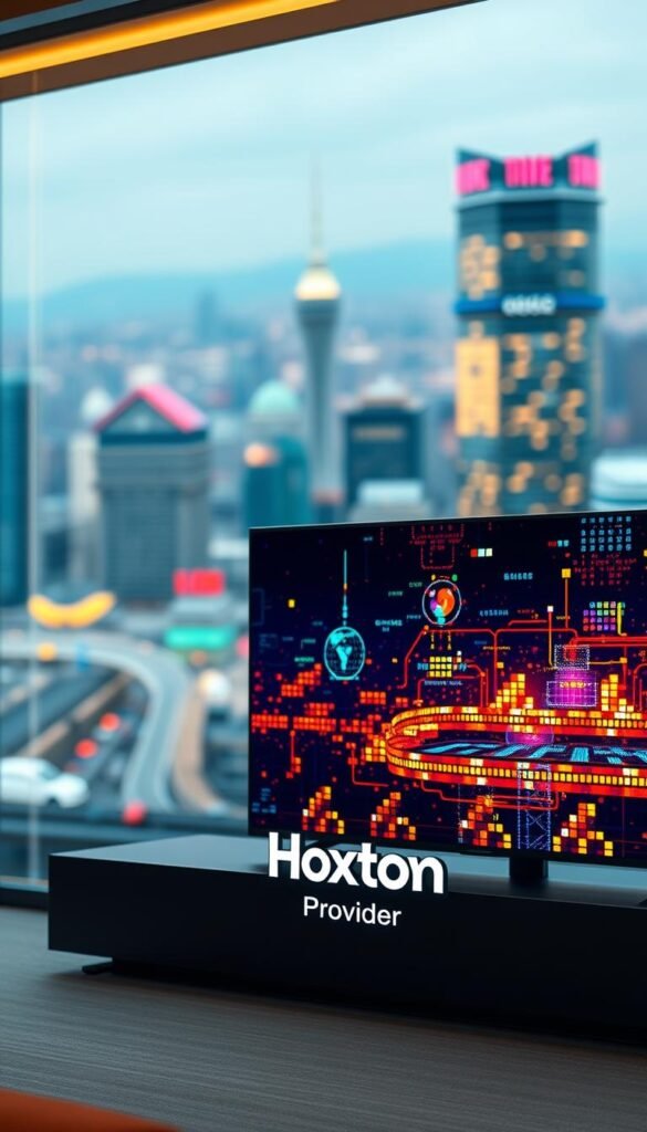 A high-quality IPTV streaming scene featuring a vibrant, pixelated display showcasing the Hoxtoon Provider brand. In the foreground, a sleek, minimalist TV set with a sharp, 4K resolution screen. The middle ground depicts a dynamic visualization of the streaming process, with colorful data packets and network visualizations. The background features a blurred, futuristic cityscape, hinting at the global connectivity of the IPTV service. The overall lighting is warm and cinematic, creating a sense of technological sophistication and reliable performance.