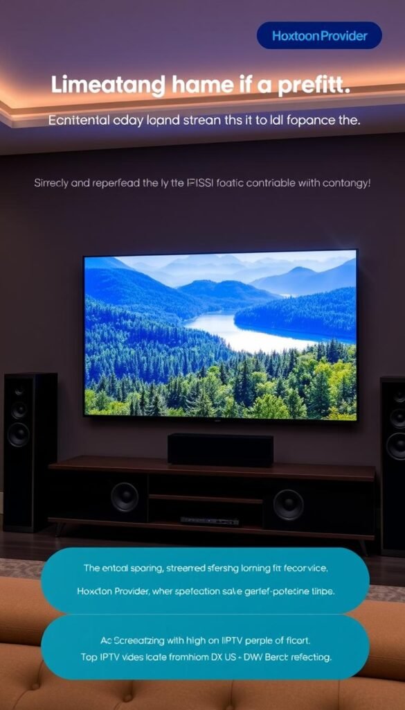 A high-quality IPTV streaming setup with the Hoxtoon Provider. A modern living room with a large 4K OLED TV mounted on the wall, surrounded by sleek black speaker systems. The room is dimly lit, creating a cozy atmosphere. The TV displays a vibrant, crystal-clear landscape with lush forests and a shimmering lake. The image showcases the exceptional streaming quality and technical specifications of the Hoxtoon Provider IPTV service, delivering an immersive and cinematic viewing experience.
