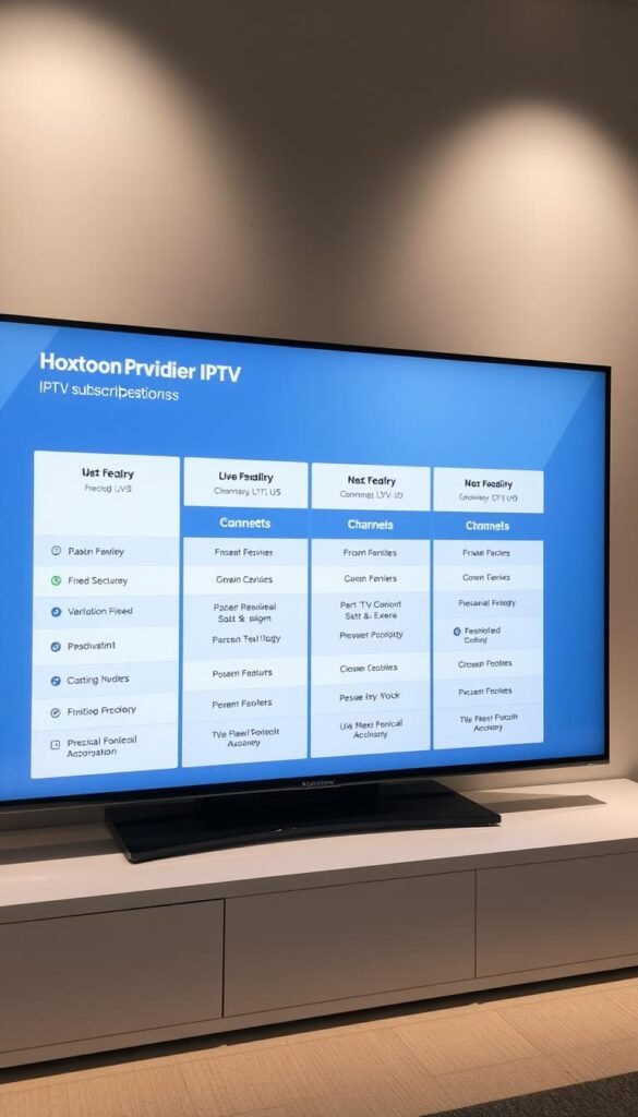 A high-quality, close-up image of the Hoxtoon Provider IPTV subscription plans for Google TV, showcased on a sleek, minimalist display with a clean, professional aesthetic. The plans are presented in a clear, organized manner, highlighting the different pricing tiers, features, and channels included. The image conveys a sense of reliability and trustworthiness, with the Hoxtoon Provider branding prominently displayed. The lighting is soft and evenly distributed, accentuating the details of the plans and creating a visually appealing and informative representation of the IPTV service.
