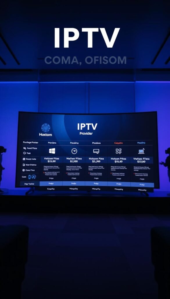 A high-quality comparison of IPTV service providers, showcased in a sleek, modern infographic. The scene depicts a large, curved display screen in the foreground, showcasing the key features and pricing of various IPTV services, including the "Hoxtoon Provider" brand. The middle ground features stylized icons and data visualizations, highlighting the unique selling points of each service. The background features a dimly lit, high-tech environment with subtle hues of blue and purple, evoking a sense of professionalism and innovation. The lighting is soft and directional, creating depth and emphasizing the key elements of the comparison. The overall mood is one of authority, clarity, and technological sophistication.