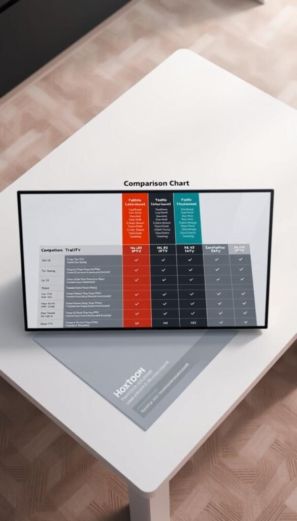A high-quality, detailed comparison chart showcasing the features and specifications of various IPTV providers, including the Hoxtoon Provider. The chart is displayed on a sleek, minimalist table with clean lines and a modern, professional aesthetic. The table is set against a subtle, softly blurred background, drawing the viewer's attention to the information presented. The chart itself features bold, legible typography and carefully organized data, allowing for easy comparison between the different IPTV options. The overall impression is one of clarity, credibility, and a focus on providing the reader with the necessary information to make an informed decision.
