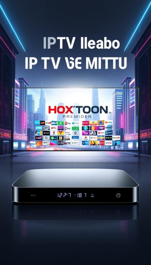 A high-quality digital illustration comparing two IPTV streaming services, featuring a modern, minimalist design. In the foreground, a sleek, metallic device representing the "Free Lifetime IPTV M3U" service, with a clean and intuitive user interface. In the middle ground, a dynamic visualization of the "HOXTOON Provider" premium service, showcasing its extensive channel lineup and advanced features. The background depicts a futuristic cityscape, with neon-lit skyscrapers and a vibrant, energetic atmosphere. The overall tone is one of technological sophistication and the promise of seamless, high-quality streaming experiences. Crisp, realistic lighting and a cinematic camera angle create a visually striking and informative comparison.