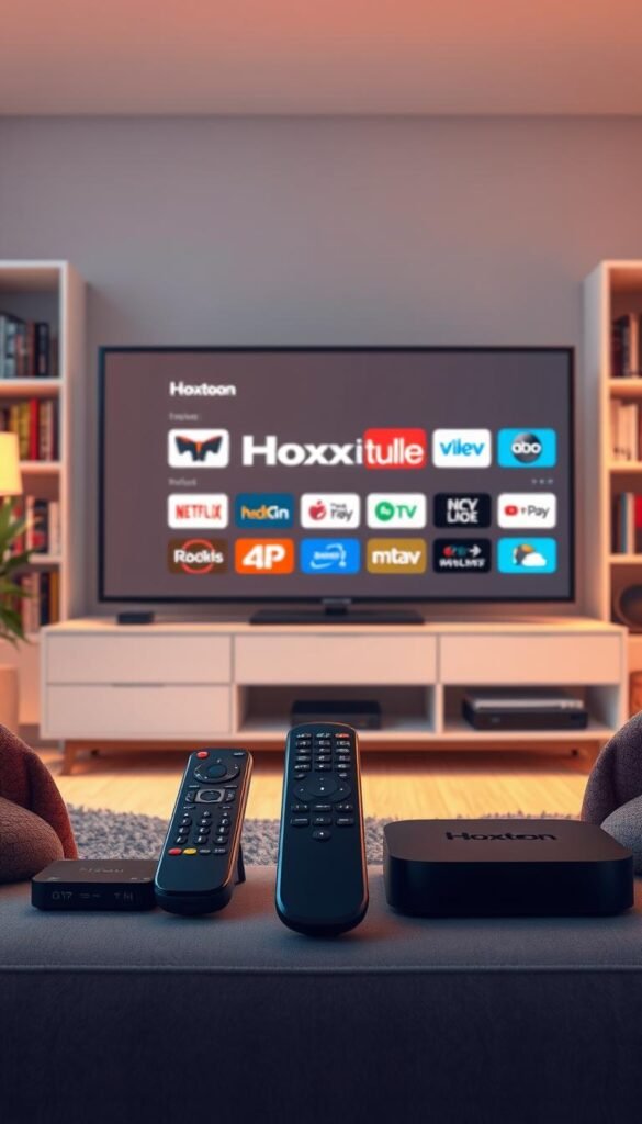 A high-quality digital illustration of IPTV providers in the UK, showcasing the Hoxtoon Provider brand prominently in the foreground. The scene depicts a modern living room setting, with a large flatscreen TV displaying various IPTV service icons and logos. In the middle ground, several remote controls and streaming devices are neatly arranged, highlighting the technology behind IPTV. The background features a bookshelf filled with media content, subtly conveying the wide range of entertainment options available through IPTV. The lighting is soft and warm, creating a cozy and inviting atmosphere. The overall composition is clean, balanced, and professional, reflecting the sophistication of the IPTV industry in the UK.