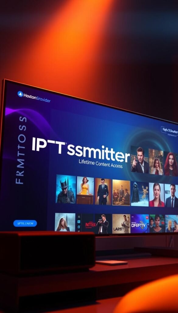 A high-quality digital illustration of the "IPTV Smarters Lifetime Content Access" concept. The image showcases a sleek and modern user interface, featuring the Hoxtoon Provider branding prominently displayed. The interface depicts a grid of various media content thumbnails, representing the lifetime access promised by the IPTV Smarters service. The scene is illuminated by warm, directional lighting, creating a sense of depth and highlighting the detailed UI elements. The overall mood is one of high-tech sophistication and the promise of unlimited entertainment at the user's fingertips.