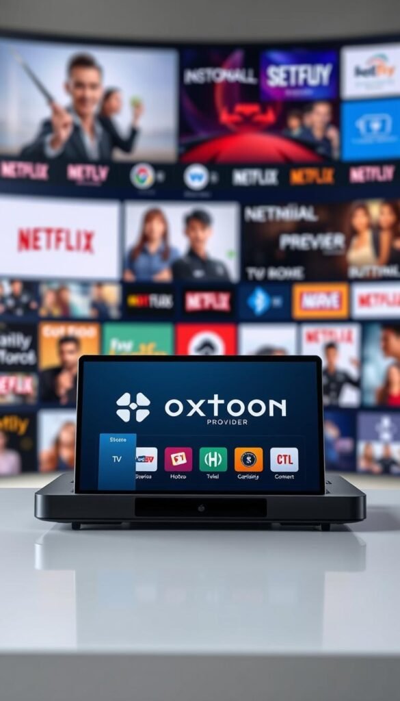 A high-quality, high-definition image of the "Hoxtoon Provider" IPTV subscription service displayed on a sleek, modern device against a blurred background of various streaming content and logos. The device is positioned in the foreground, with a clean, minimalist design showcasing the Hoxtoon Provider interface and service details. The middle ground features a collage of popular TV shows, movies, and live channels, representing the diverse global content available through the IPTV service. The background is softly blurred, creating a sense of depth and emphasizing the central focus on the Hoxtoon Provider device and subscription details. The overall mood is one of sophisticated technology, high-quality entertainment, and a comprehensive global content offering.