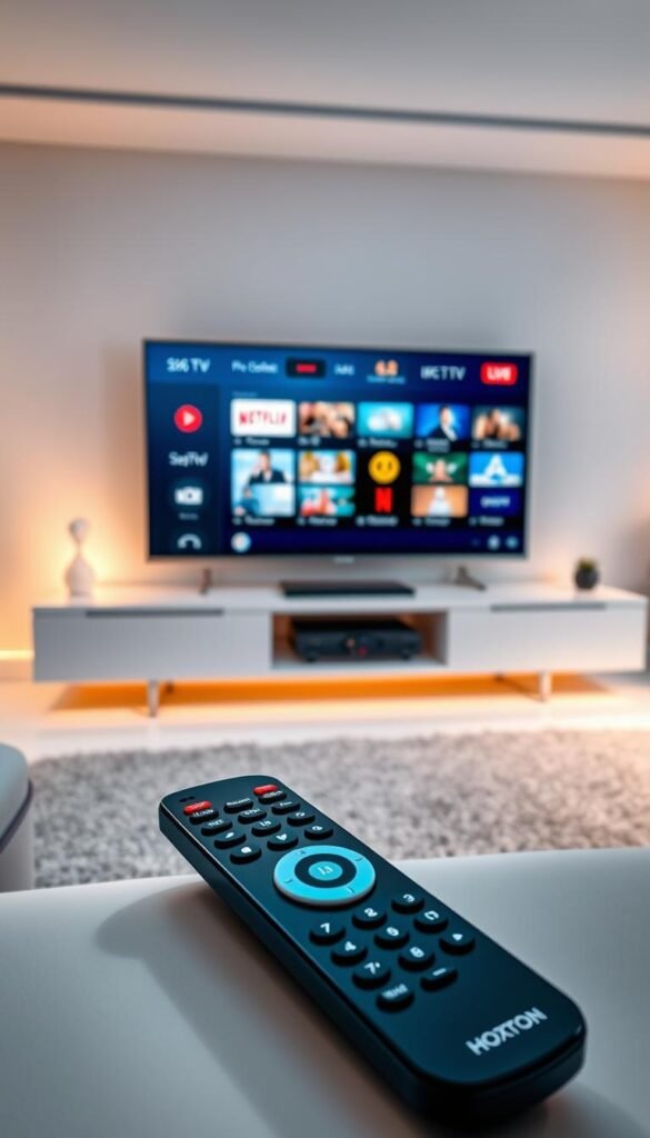 A high-quality image of the "best IPTV service" featuring the Hoxtoon Provider brand. The image showcases a modern and minimalist UI design with a large, vibrant display showcasing various live TV channels and on-demand content. In the foreground, a sleek remote control is prominently displayed, highlighting the user-friendly interface. The middle ground features a clean, futuristic setup with a smart TV and other connected devices, conveying a sense of a fully integrated home entertainment system. The background has a blurred, out-of-focus cityscape, suggesting the global reach and accessibility of the IPTV service. The lighting is soft and warm, creating a welcoming and premium atmosphere. The overall composition and styling evoke a sense of high-quality, reliable, and cutting-edge IPTV technology.