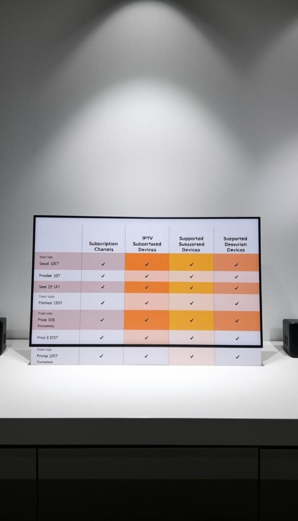 A high-quality, minimalist comparison table showcasing the various IPTV subscription plans offered by the Hoxtoon Provider. The table is displayed on a sleek, modern desktop setup, with a clean white background and subtle lighting from above, casting soft shadows. The table features distinct columns outlining the plan names, number of channels, supported devices, and pricing, all presented in a clear and organized manner. The overall aesthetic is professional and visually appealing, complementing the informative nature of the content.