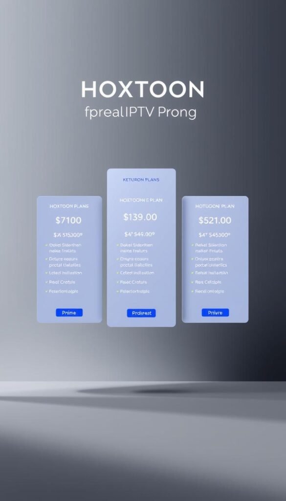 A high-quality, minimalist digital illustration showcasing the subscription plans and pricing offered by Hoxtoon Provider, a leading IPTV service. The image features a sleek, elegant layout with three plan tiers prominently displayed, each accompanied by a clear breakdown of the features and pricing. The plans are presented against a sophisticated, muted background with subtle lighting and depth, creating a sense of premium quality and value. The Hoxtoon Provider logo is subtly incorporated, reinforcing the brand identity. The overall tone is professional, informative, and visually appealing, perfectly complementing the section title "HOXTOON Subscription Plans and Pricing Value".