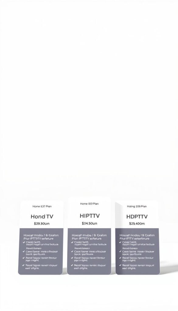 A high-quality, minimalist-style illustration showcasing the Hoxtoon Provider IPTV subscription plans. In the foreground, three neatly aligned plan cards with bold, elegant typography display the plan names, pricing, and key features. The cards are set against a clean, light-colored background, creating a sense of simplicity and professionalism. In the middle ground, a subtle grid pattern or geometric shapes add visual interest without distracting from the main focus. The background features a soft, gradient-based color scheme, lending an air of sophistication. Lighting is natural and evenly distributed, highlighting the plan details without creating harsh shadows. The overall composition conveys a sense of clarity, organization, and high-quality IPTV services from the Hoxtoon Provider brand.