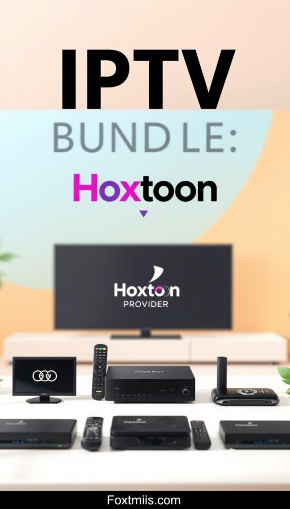 A high-quality, minimalistic digital illustration depicting the "IPTV Bundle Offers" subject. The foreground showcases various IPTV service icons, remote controls, and streaming devices arranged in an organized, visually appealing layout. The middle ground features a large, prominent "Hoxtoon Provider" brand logo, conveying the key service provider. The background has a soft, blurred gradient in complementary colors, creating a clean, modern aesthetic. The lighting is natural and diffused, with a slightly warm tone. The camera angle is slightly elevated, providing an inviting, bird's-eye view of the composition. The overall mood is one of professionalism, affordability, and the convenience of IPTV bundle offers.