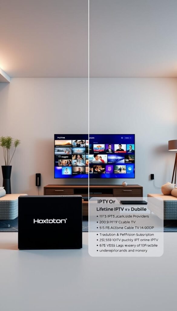 A high-quality, photorealistic image depicting a side-by-side comparison of an IPTV lifetime subscription from the Hoxtoon Provider and a traditional cable TV service. In the foreground, place the Hoxtoon Provider logo prominently, with detailed information about their lifetime IPTV package displayed alongside. In the middle ground, show a modern living room setup with a large, high-definition TV displaying content from both the IPTV and cable service. In the background, incorporate sleek, futuristic technology elements to convey the advanced nature of the IPTV offering. Lighting should be soft and natural, with a sense of warmth and sophistication throughout the scene. Capture the comparison in a visually striking and informative way that effectively highlights the benefits of a lifetime IPTV subscription.