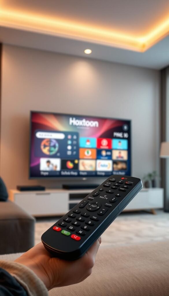 A high-quality, photorealistic image of a "Lifetime IPTV Subscription" offered by the "Hoxtoon Provider". The scene depicts a stylish, modern living room with a large, high-definition TV screen prominently displayed. The TV screen showcases a visually striking interface with a clean, minimalist design, highlighting the Hoxtoon Provider branding and various IPTV channel options. The room is illuminated by warm, soft lighting, creating a cozy and inviting atmosphere. In the foreground, a sophisticated remote control is positioned, symbolizing the ease of access to the lifetime IPTV service. The overall composition conveys a sense of premium quality, reliability, and the convenience of a lifetime subscription to a wide range of Indian IPTV channels.
