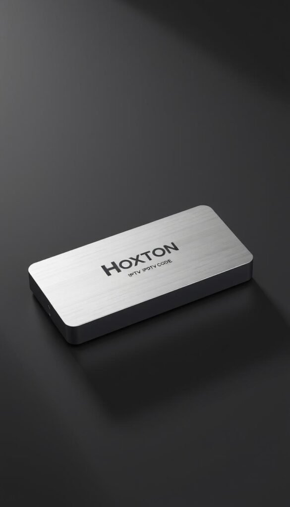 A high-quality, photorealistic image of a lifetime IPTV code from the Hoxtoon Provider service. The code is displayed on a sleek, metallic silver device with a modern, minimalist design. The device is placed on a plain, dark background, creating a sophisticated and elegant atmosphere. The lighting is soft and directional, highlighting the metallic sheen of the device and creating subtle shadows. The composition is centered and balanced, with the IPTV code prominently featured. The overall impression is one of exclusivity, reliability, and technological sophistication.
