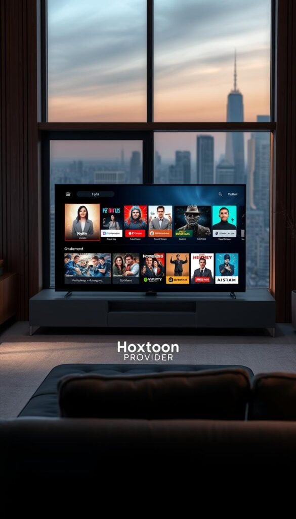 A high-quality, photorealistic image of a modern IPTV streaming service interface displayed on a sleek, dark gray entertainment system. The screen prominently features the "Hoxtoon Provider" brand, showcasing a visually appealing on-demand content library with a diverse range of TV shows, movies, and live channels. The device is situated in a sophisticated, minimalist living room setting with subtle mood lighting, natural wood accents, and a hint of urban skyline visible through large windows in the background. The overall scene conveys a sense of convenience, entertainment, and the growing popularity of lifetime IPTV services.
