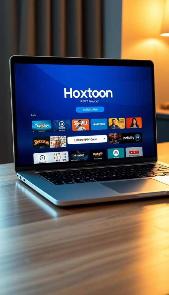 A high-quality, photorealistic image of a sleek, modern IPTV service interface displayed on a laptop screen. The screen shows the Hoxtoon Provider brand name prominently, with a clean and intuitive user interface showcasing various IPTV channel options and a "Lifetime IPTV Code" activation button. The laptop is positioned on a minimalist, wood-grain desk, with soft, warm lighting illuminating the scene. The background is blurred, creating a sense of depth and focus on the laptop display. The overall impression is one of professionalism, reliability, and ease of use for the lifetime IPTV service.