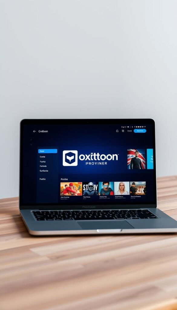 A high-quality, photorealistic image of a sleek, modern IPTV service provider interface displayed on a laptop or tablet screen. The screen prominently features the "Hoxtoon Provider" brand name and logo. The interface showcases a clean, intuitive design with various menu options and content thumbnails. The device is placed on a minimalist, wood-grain desk or table, with a subtle gray or white background. Soft, directional lighting creates depth and highlights the screen's details. The overall scene conveys a sense of professionalism, reliability, and a premium IPTV user experience.