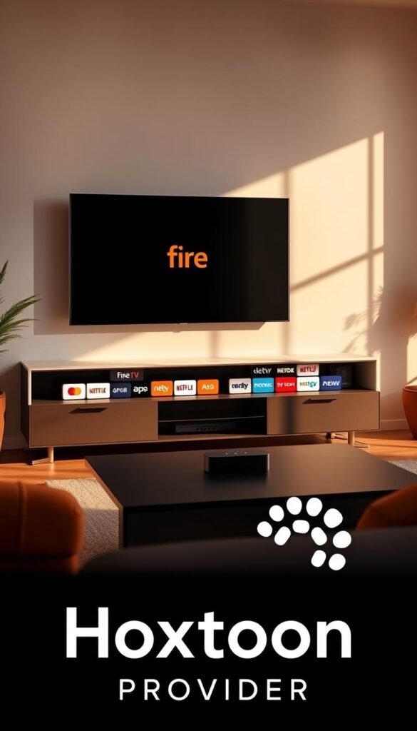 A high-quality, photorealistic image of a sleek, modern living room setup showcasing a Fire TV device prominently displayed on a minimalist entertainment center. The room is bathed in warm, natural lighting from large windows, creating a cozy and inviting atmosphere. In the foreground, a Hoxtoon Provider logo is subtly integrated into the scene, hinting at the IPTV service's integration with the Fire TV platform. The middle ground features various streaming apps and services icons arranged neatly around the Fire TV device, highlighting the breadth of content available. The background maintains a clean, uncluttered design, allowing the focal point of the Fire TV and IPTV service to take center stage.