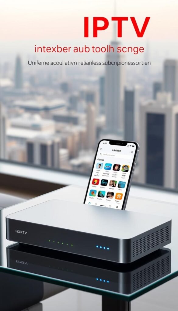 A high-quality, photorealistic image of an IPTV lifetime subscription service. In the foreground, a silver IPTV set-top box sits on a sleek, modern glass table, its LED indicator lights pulsing softly. In the middle ground, a smartphone displays the Hoxtoon Provider app, showcasing the intuitive user interface and vast library of live TV channels and on-demand content. The background features a blurred cityscape, hinting at the global reach and reliability of the IPTV service. The lighting is soft and natural, creating a sense of sophistication and professionalism. The overall mood is one of technological innovation, convenience, and limitless entertainment.