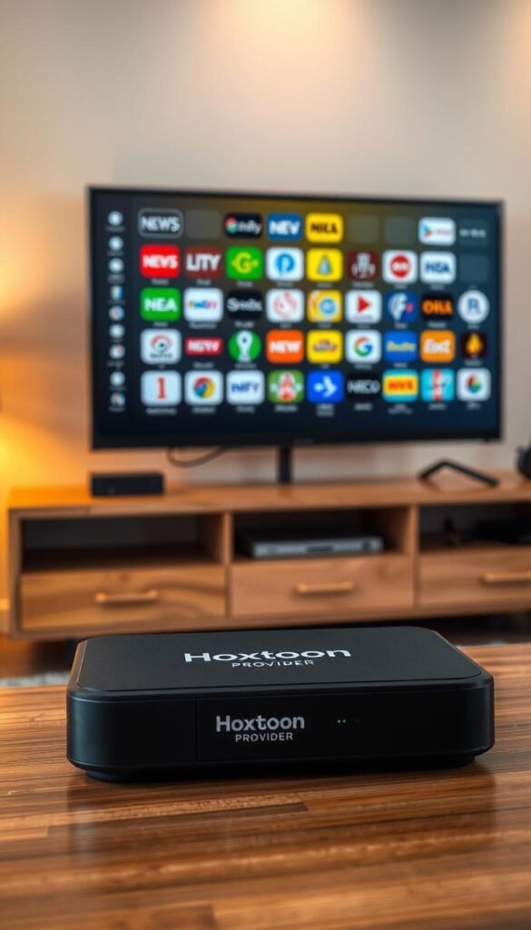 A high-quality, photorealistic image of an IPTV service showcasing Indian channels. The scene depicts a modern living room setup with a flat-screen TV displaying a variety of Indian channel logos, including news, entertainment, and sports channels. In the foreground, a sleek, black set-top box labeled "Hoxtoon Provider" sits on a wooden media console, conveying a premium, minimalist aesthetic. The room is illuminated by warm, diffused lighting, creating a cozy and inviting atmosphere. The overall composition emphasizes the seamless integration of the IPTV service within a comfortable, sophisticated home environment.