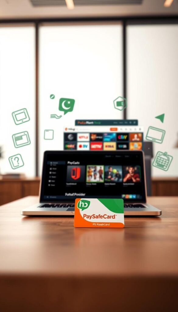 A high-quality, photorealistic image of the Hoxtoon Provider IPTV service with a PaySafeCard as the primary payment method. The scene depicts a modern office setting with a sleek, minimalist design. In the foreground, a laptop displays the Hoxtoon Provider website, showcasing their diverse channel lineup and user-friendly interface. Prominently placed on the desk is a PaySafeCard, its distinctive green and white design contrasting with the neutral tones of the office. The middle ground features stylized icons and graphics alluding to the seamless integration of IPTV and digital payment methods. The background is softly blurred, creating a sense of depth and focus on the key elements. The lighting is warm and natural, conveying a professional and trustworthy atmosphere.