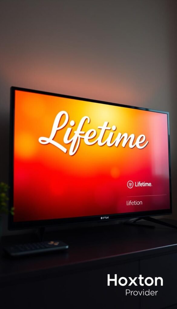 A high-quality, photorealistic image of the Lifetime television channel's logo and branding displayed prominently on a modern IPTV streaming platform interface. The screen shows the Lifetime channel's signature cursive text logo against a vibrant, warm-toned background, with the "Hoxtoon Provider" text clearly visible in the bottom right corner. The image conveys a sense of professionalism and premium content, with subtle lighting and depth of field effects to create a polished, immersive scene. The camera angle should be slightly elevated, providing a clear and unobstructed view of the IPTV interface and Lifetime branding.