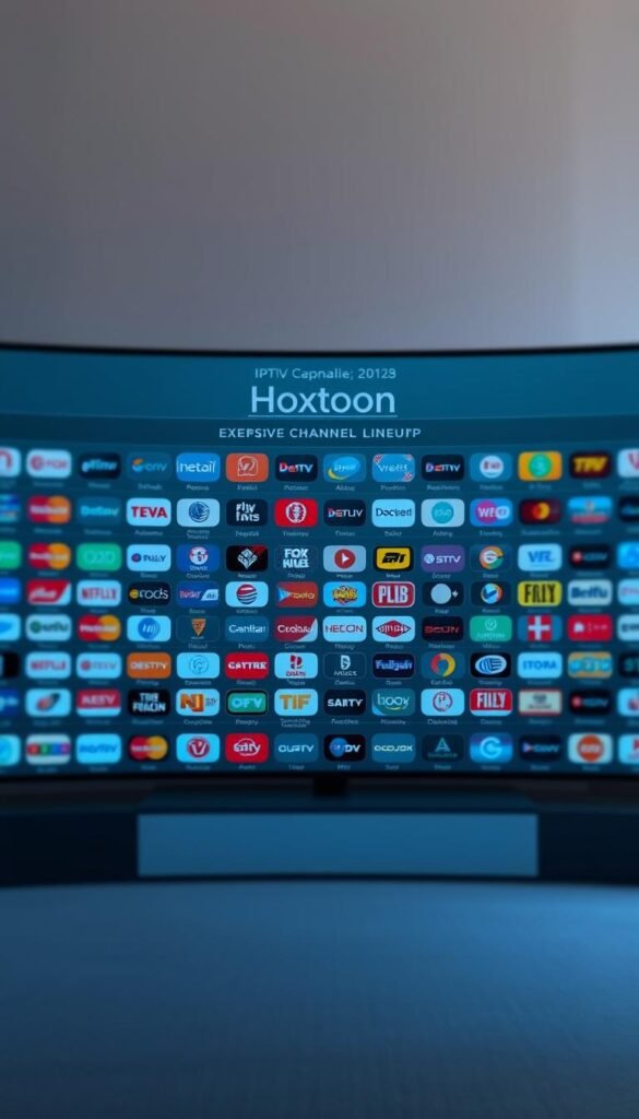 A high-quality, realistic digital illustration showcasing the extensive channel lineup of the Hoxtoon IPTV Provider. In the foreground, a sleek and modern user interface displays a comprehensive grid of channel logos, each with clear, legible text. The middle ground features a minimalist, yet elegant layout, with clean typography and well-organized sections. In the background, a subtle, blurred pattern or texture adds depth and visual interest, conveying a sense of premium quality. The overall composition is visually striking, with a focus on clarity, organization, and the Hoxtoon brand identity. Soft, diffused lighting creates a warm, inviting atmosphere, highlighting the breadth and variety of the channel selection.