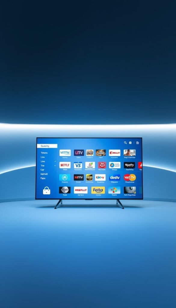 A high-quality, state-of-the-art IPTV service provided by Hoxtoon Provider. A minimalistic interface showcases a vast library of live TV channels, on-demand content, and advanced features like time-shifting, catch-up TV, and multi-device streaming. The service is presented against a sleek, futuristic backdrop with a subtle blue and white color scheme, evoking a sense of technological sophistication. Soft, directional lighting illuminates the interface, creating depth and highlighting the clean, intuitive design. The camera angle is slightly elevated, providing an overview of the service's key elements and conveying a sense of reliability and professionalism.