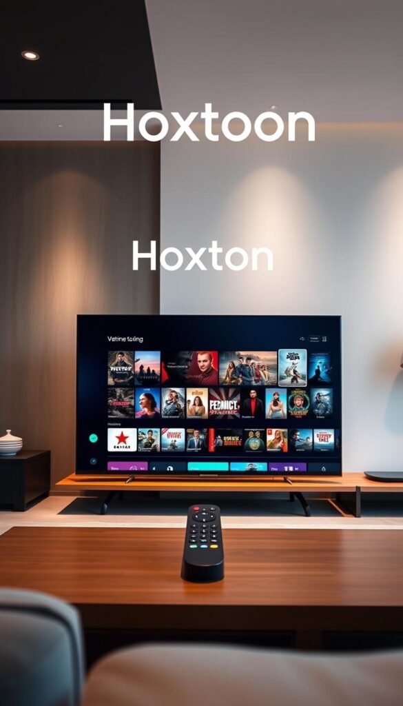 A high-quality, state-of-the-art IPTV service with an expansive VOD library, showcased in a sleek, minimalist interface. The Hoxtoon Provider brand logo prominently displayed, conveying a sense of professionalism and reliability. In the foreground, a modern smart TV screen showcases a diverse selection of on-demand content, ranging from the latest blockbusters to classic movies and TV shows. The middle ground features a sophisticated remote control, symbolizing the ease of navigation and seamless user experience. The background depicts a stylish, contemporary living room setting, with subtle lighting and elegant furnishings, creating an immersive, premium atmosphere.