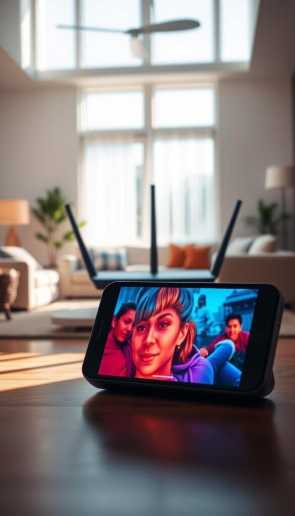 A high-quality streaming service with seamless, uninterrupted playback. In the foreground, a smartphone displaying vibrant, crystal-clear video from the Hoxtoon Provider app. The screen is illuminated by a soft, natural light, creating a warm, inviting atmosphere. In the middle ground, a sleek, modern router emitting stable, reliable Wi-Fi signals. The background showcases a cozy, minimalist living room, with large windows allowing in ample daylight, conveying a sense of comfort and relaxation. The overall scene exudes a feeling of effortless, lag-free streaming, highlighting the superior performance and streaming quality of the Hoxtoon Provider service.