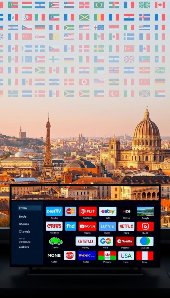 A high-quality, vibrant image of the premier IPTV service Hoxtoon Provider, showcasing a diverse array of European television channels. In the foreground, a sleek, modern interface displays a selection of popular channels from across the continent, their logos and channel names crisp and clear. The middle ground features a panoramic view of iconic European cityscapes, with landmarks like the Eiffel Tower, Big Ben, and the Colosseum visible in the distance, bathed in warm, golden lighting. In the background, a subtle pattern of national flags from various European countries creates a sense of cultural unity and diversity. The overall tone is one of sophistication, reliability, and a commitment to providing the best in European entertainment.