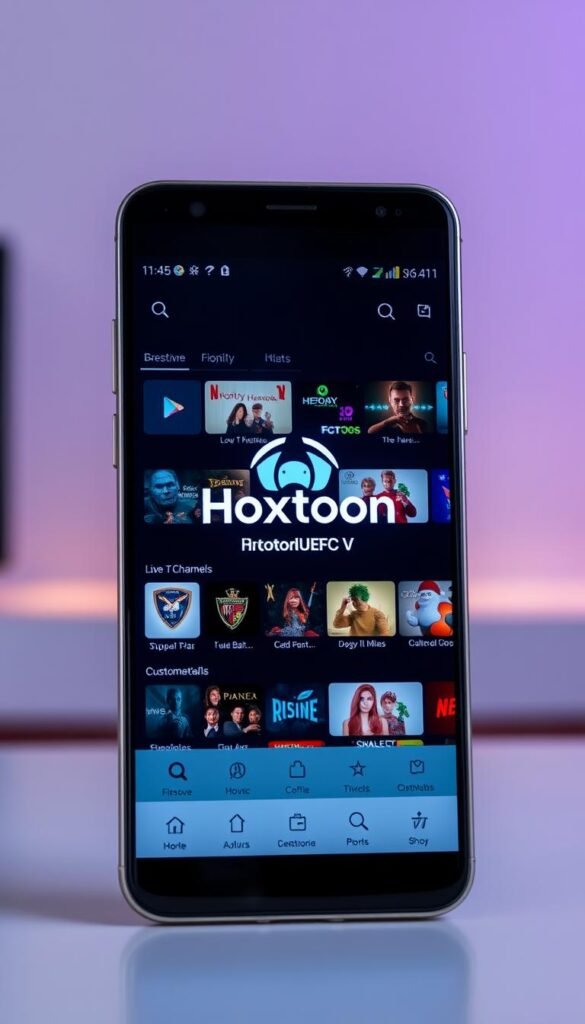 A high-quality, well-designed Android IPTV app on a sleek, minimalist smartphone screen. The app's interface showcases a clean, intuitive layout with sharp iconography and smooth transitions. In the foreground, the Hoxtoon Provider logo is prominently displayed, exuding a sense of professionalism and reliability. The middle ground features a selection of popular live TV channels and on-demand content, enticing the user to explore the extensive library. The background evokes a modern, tech-savvy atmosphere with subtle gradients and muted tones, creating a visually appealing and immersive user experience. The overall impression conveys the app's exceptional customer support and service quality.