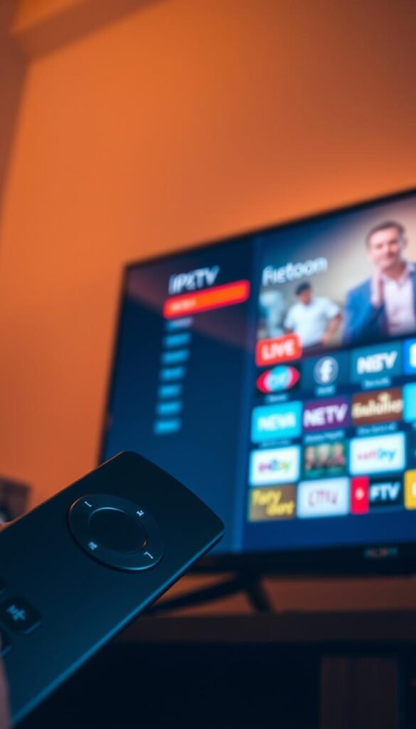 A high-resolution, close-up view of a Hoxtoon Provider IPTV subscription service displayed on a modern flat-screen Firestick device. The scene is bathed in warm, diffused lighting that creates a cozy, inviting atmosphere. The Firestick's sleek, black design and tactile remote are prominently featured, hinting at the seamless integration between the two components. The IPTV interface showcases a clean, user-friendly layout with intuitive navigation, emphasizing the ease of accessing a vast library of live TV channels and on-demand content. The overall composition conveys the idea of a premium, reliable IPTV solution tailored for the Firestick platform.