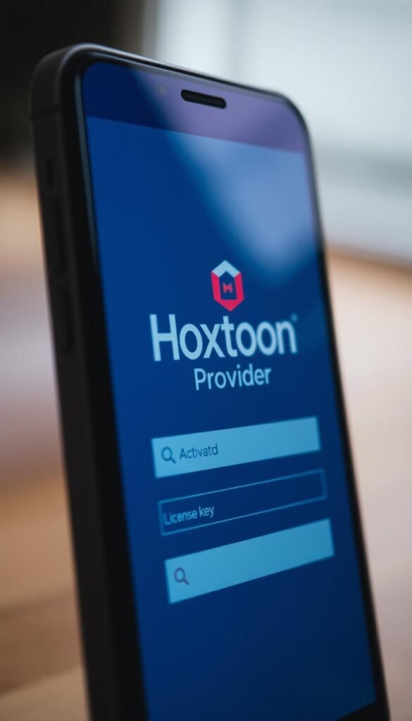 A high-resolution, close-up view of a smartphone screen displaying the Hoxtoon Provider IPTV app's activation interface. The screen shows a sleek, modern design with bold typography and intuitive controls. The foreground features the activation screen, with input fields for a license key or activation code. The middle ground showcases the Hoxtoon Provider logo prominently, conveying the brand identity. The background is blurred, creating a sense of depth and focus on the activation process. The lighting is soft and diffused, creating a professional and premium atmosphere. The camera angle is slightly angled, adding depth and dynamism to the composition.