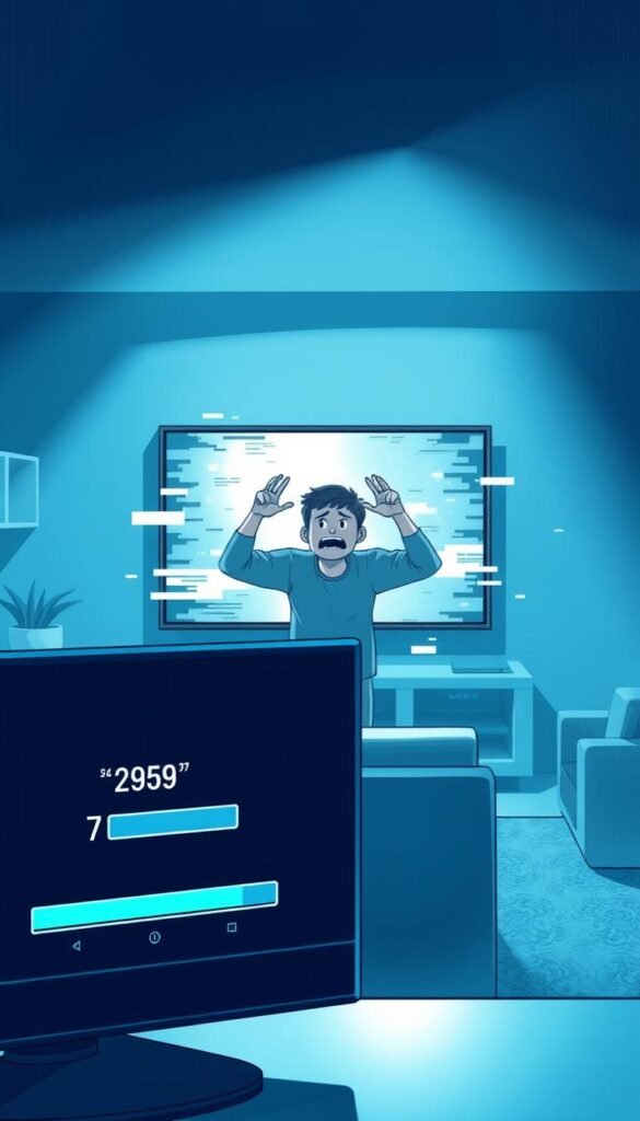 A high-resolution digital illustration depicting the problem of freezing in IPTV services. In the foreground, a Hoxtoon Provider IPTV interface is shown, with a buffering icon prominently displayed, indicating a service interruption. The middle ground features a frustrated user gesturing in annoyance, surrounded by glitching and distorted video frames. The background showcases a modern living room setting, with a television screen flickering and displaying a frozen image. The scene is bathed in a cool, bluish tone, creating a tense and unsettling atmosphere. The lighting is dramatic, with shadows casting across the scene, emphasizing the technical issues at hand. The overall composition conveys the common problem of freezing and buffering encountered in IPTV services.