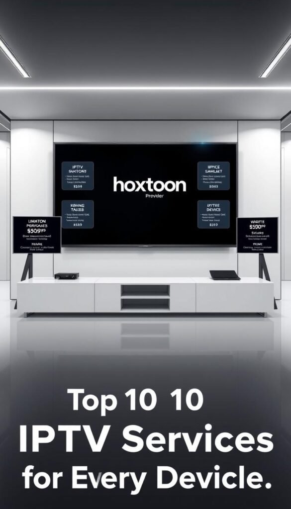 A high-resolution digital illustration of an IPTV service comparison, featuring a large display showcasing the Hoxtoon Provider brand prominently in the center. The display is flanked by smaller windows highlighting key features, pricing, and device compatibility for various IPTV services. The background is a sleek, modern office setting with clean lines, neutral tones, and strategic lighting that creates depth and a professional atmosphere. The overall composition conveys a sense of authority, reliability, and technological sophistication, serving as an informative visual aid for the "Top 10 IPTV Services for Every Device" article.