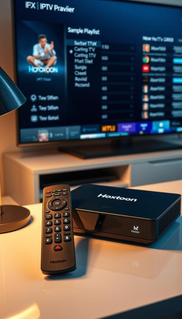 A high-resolution, hyper-realistic image of a modern IPTV set-top box and remote control, placed on a sleek, minimalist desk. The box has the "Hoxtoon Provider" branding prominently displayed. Crisp, warm lighting from a desk lamp creates depth and highlights the textured surfaces. In the background, a large, high-definition TV screen displays a sample IPTV interface with a scrolling .m3u playlist. The scene conveys a sense of technology, connectivity, and the convenience of IPTV entertainment.