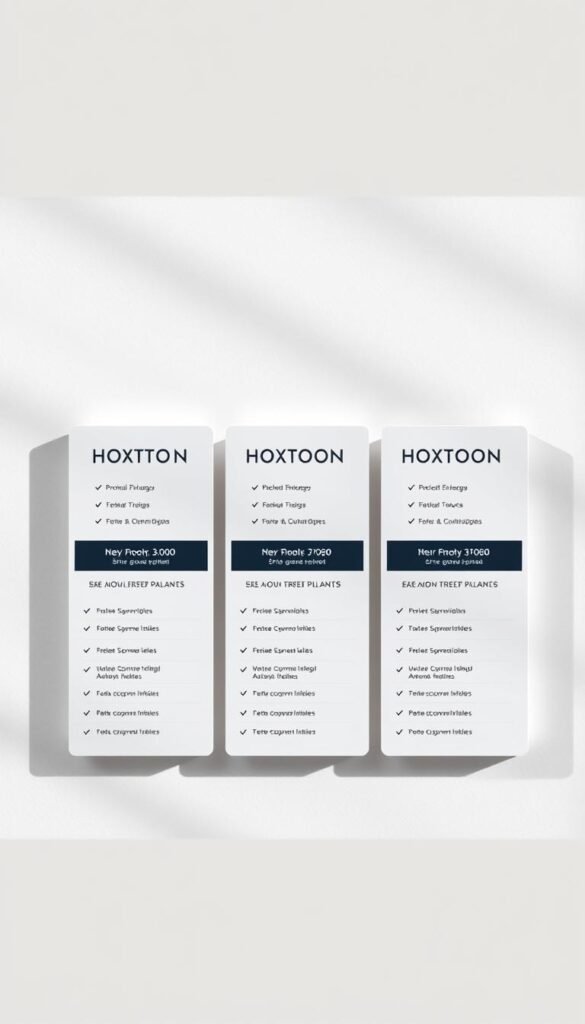 A high-resolution, photorealistic image of Hoxtoon Provider's IPTV subscription plans. The image shows a modern, minimalist design with three distinct plans arranged in a grid layout. Each plan is presented in a clean, rectangular card with a prominent title, detailed pricing information, and a bulleted list of included features. The cards are set against a soft, gradient background with subtle textures, conveying a sense of professionalism and luxury. The lighting is natural and directional, casting subtle shadows and highlights to accentuate the plans' details. The overall composition is balanced and visually appealing, making it an ideal illustration for the "Hoxtoon Pricing Plans Explained" section of the IPTV review article.